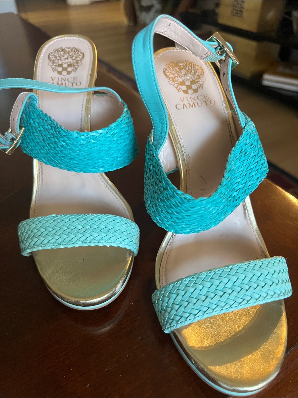 Vince Camuto Teal Woven Strap Slingback Sandals